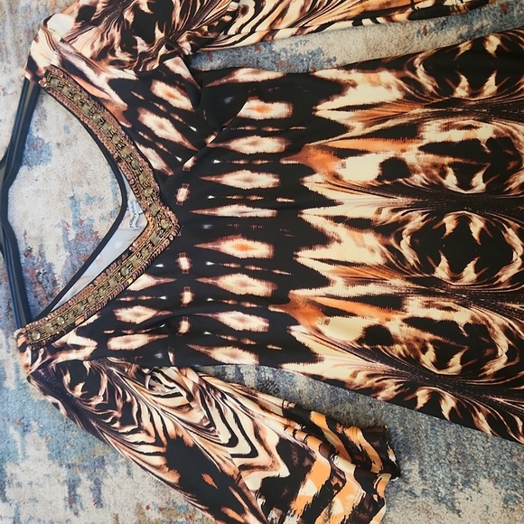 FIT N FLAIR Animal TRIBAL Dress Short STRETCHY embellished Beaded V NECKLINE Med - Picture 8 of 11